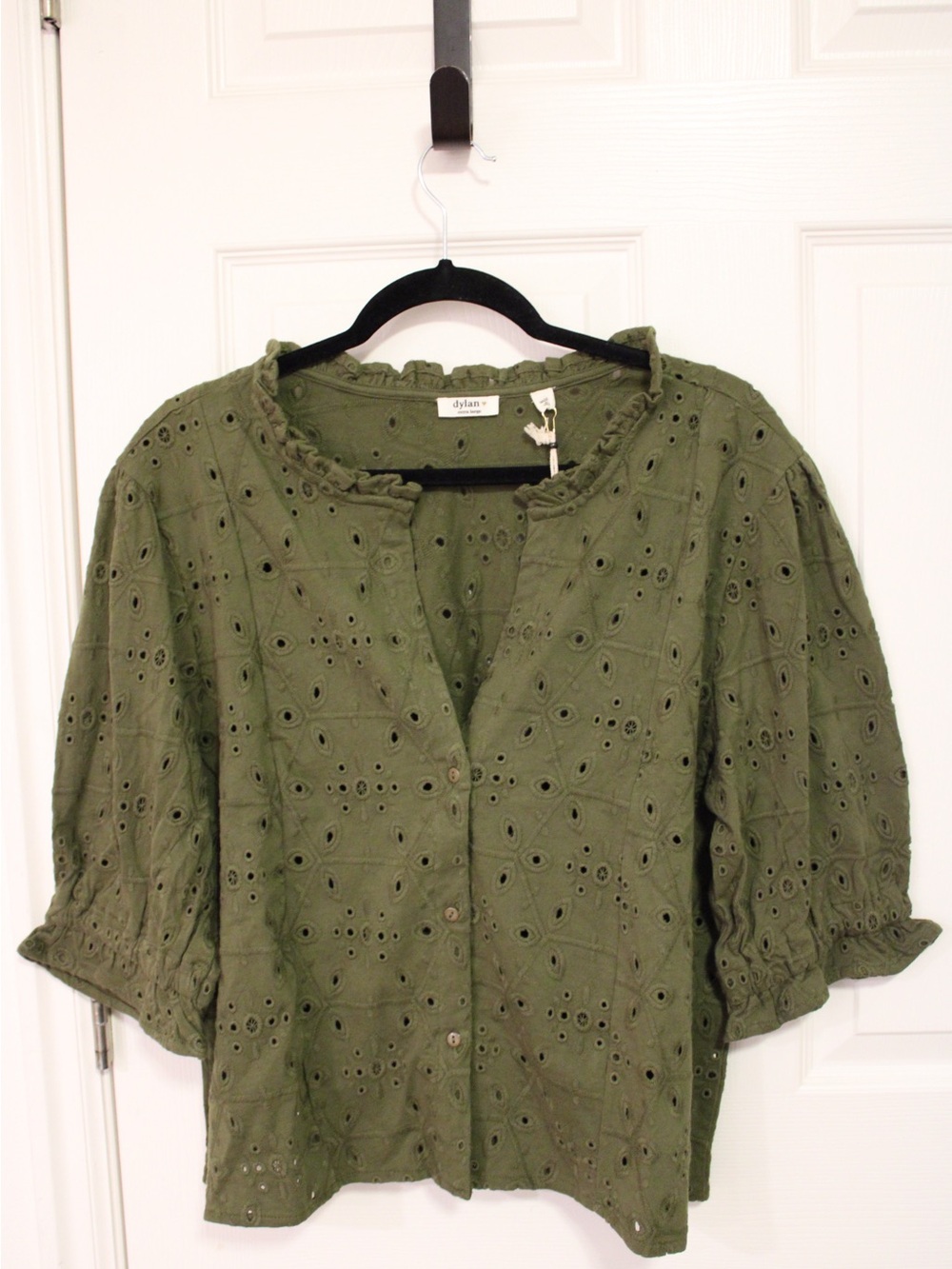 Dylan Olive Eyelet Button-Up Ruffled Neck Blouse